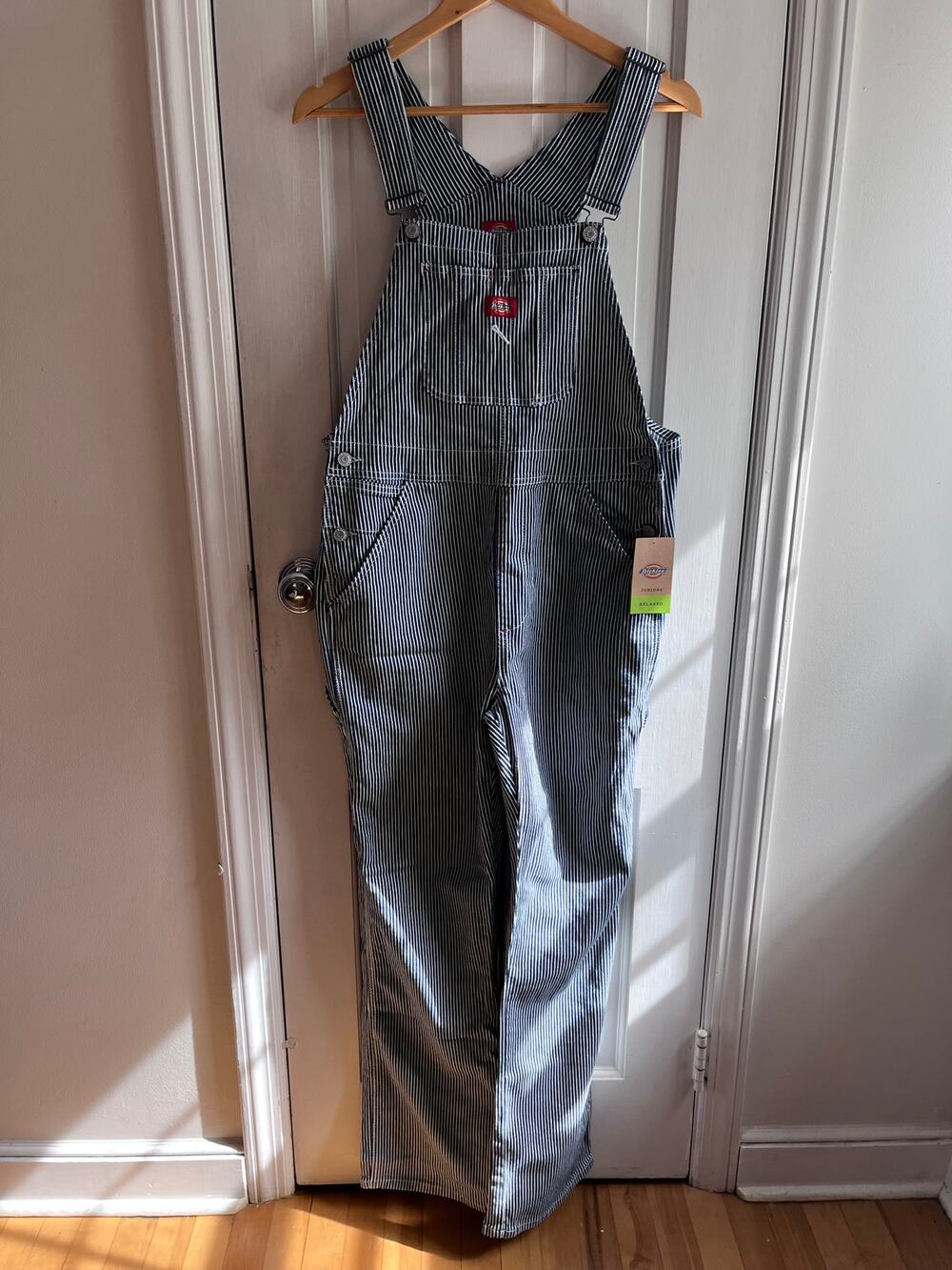 Dickies Girl NWT Railroad Stripe Relaxed Denim Bib Overalls Hickory Navy Med M